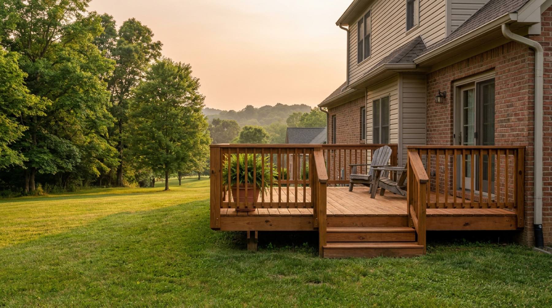 Freshly stained cedar-brown wood deck with Adirondack chairs behind a brick-and-siding house, wooded Middle Tennessee hills in golden evening light