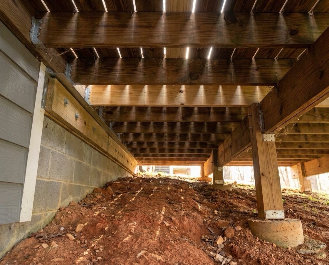 Underside of an elevated wood deck on a sloping lot: joists on galvanised hangers, a ledger bolted to the house rim joist under metal flashing above a concrete-block foundation, and a post on a concrete footing in reddish soil